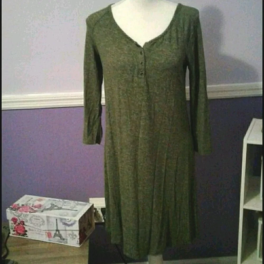SO Olive Henley Long Sleeve Soft Comfy Loungewear Knit Mini Shirt Dress S